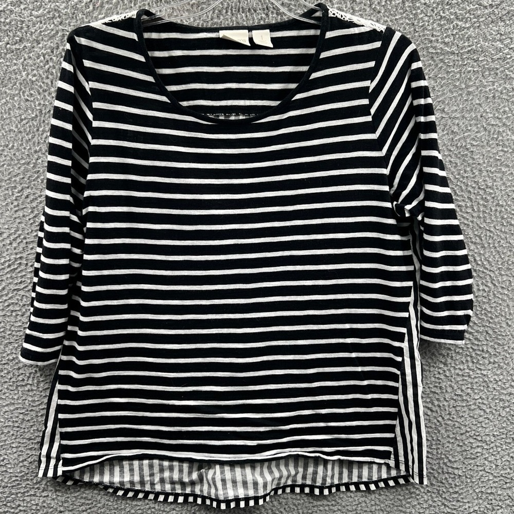 Chicos Womens Striped Top M Crochet Lace Back Coastal Preppy Classic Casual Boho
